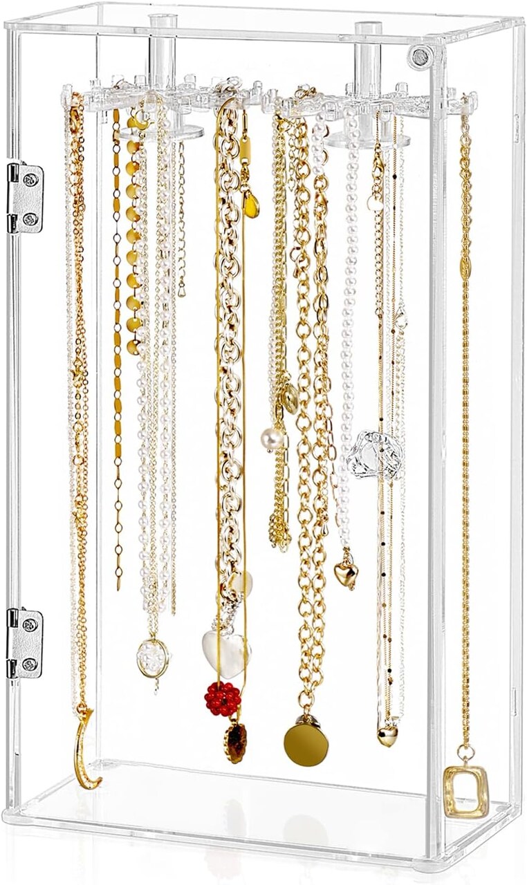Necklace Holder Organizer, Acrylic Jewelry Holder Stand, Rotation Clear Jewelry Storage Hanging W/ 24 Hooks, Dustproof Long Necklaces Pendant Bracelets Display Case Box Gift for Women, Girls